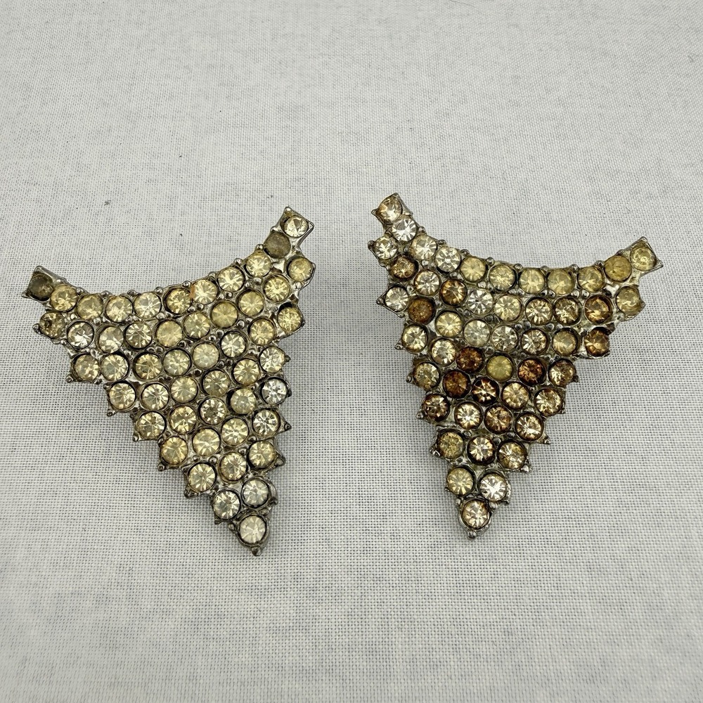 Vintage Shoe Clips‎ Rhinestones Silver Tone Clear Yellow MCM Mod Pop Art Glam 2"